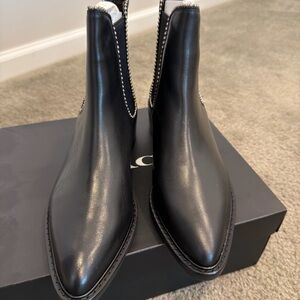 Coach Black Leather Pointed Chelsea Booties with Silver Trim